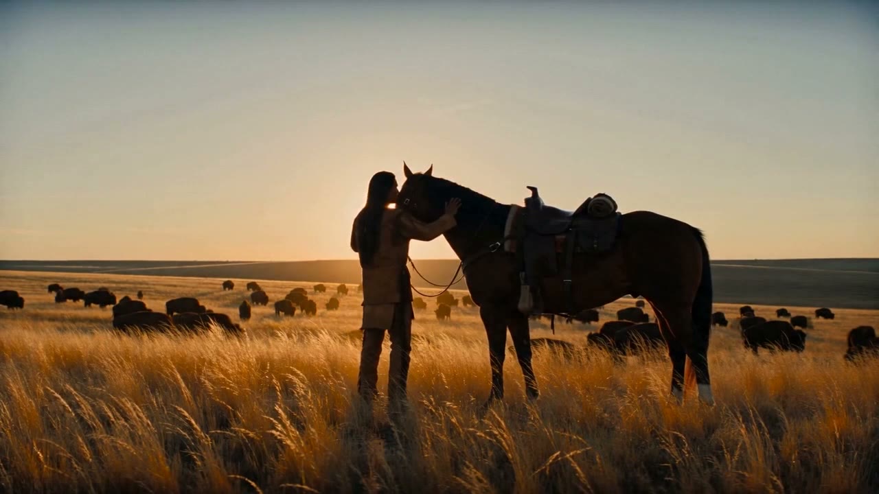 A rider at full gallop across golden plains.
