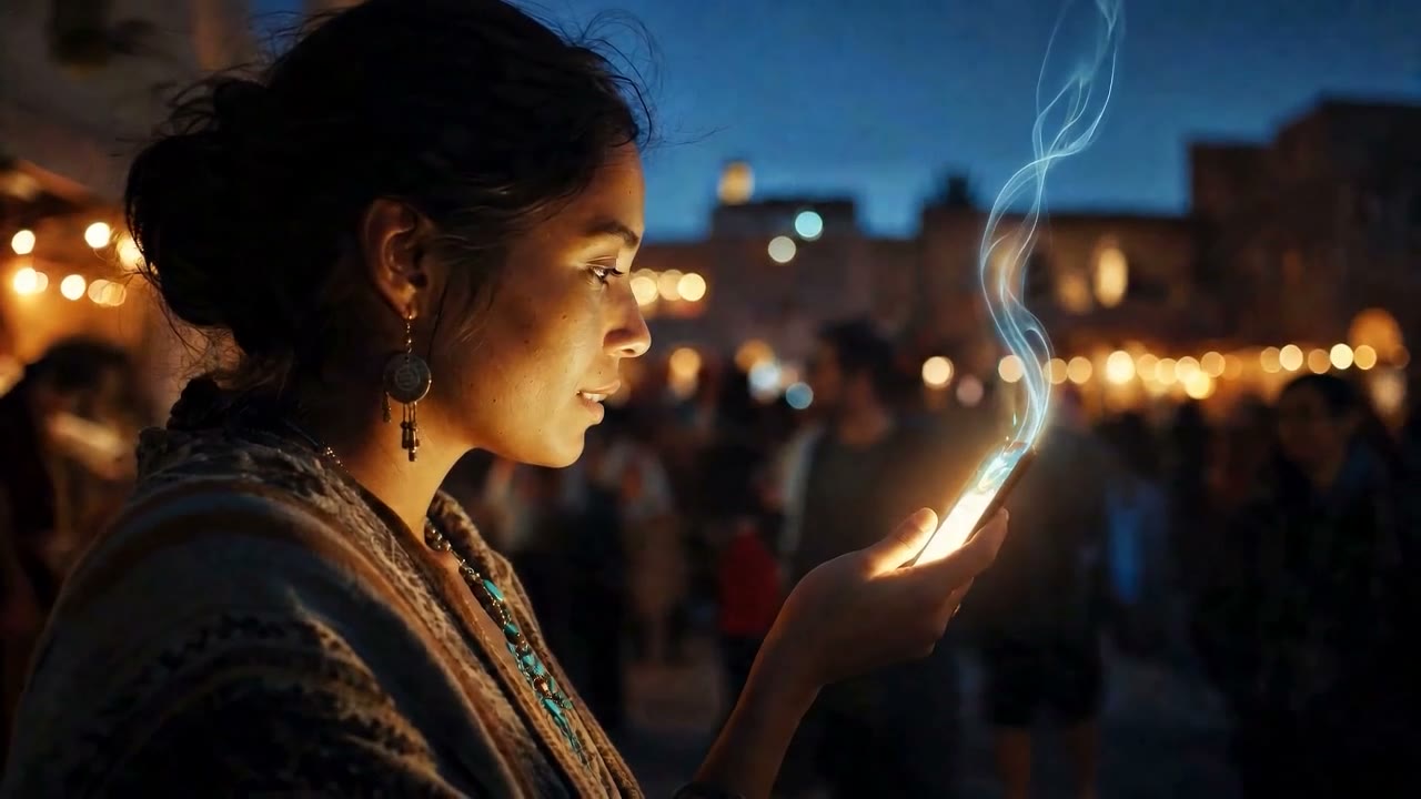 At a night market, a woman holds a small glowing flame of light in her hand.