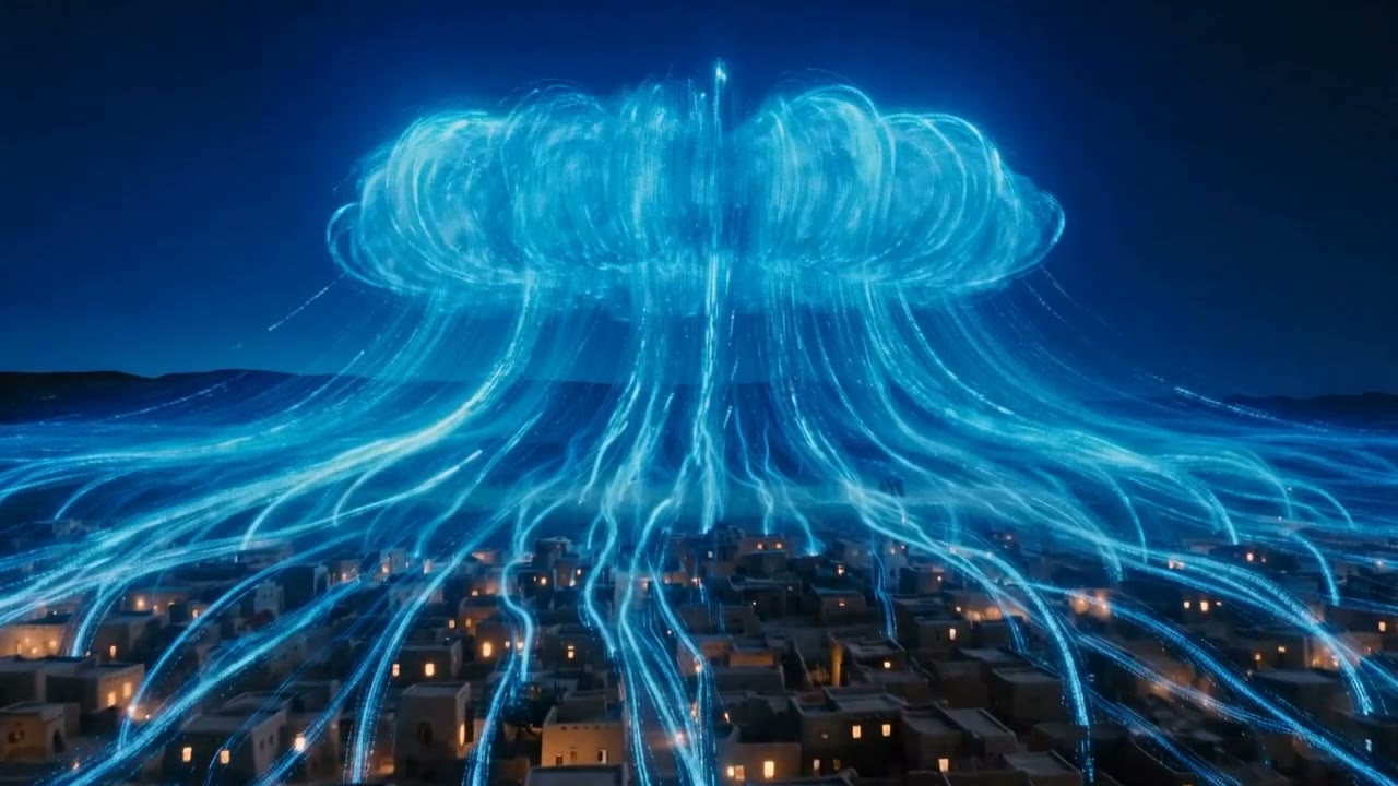 A luminous blue cloud over the town, tendrils reaching down into the houses.