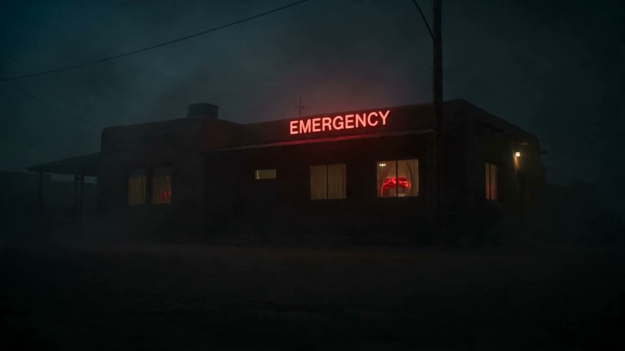 A hospital emergency sign burning red in the dark.