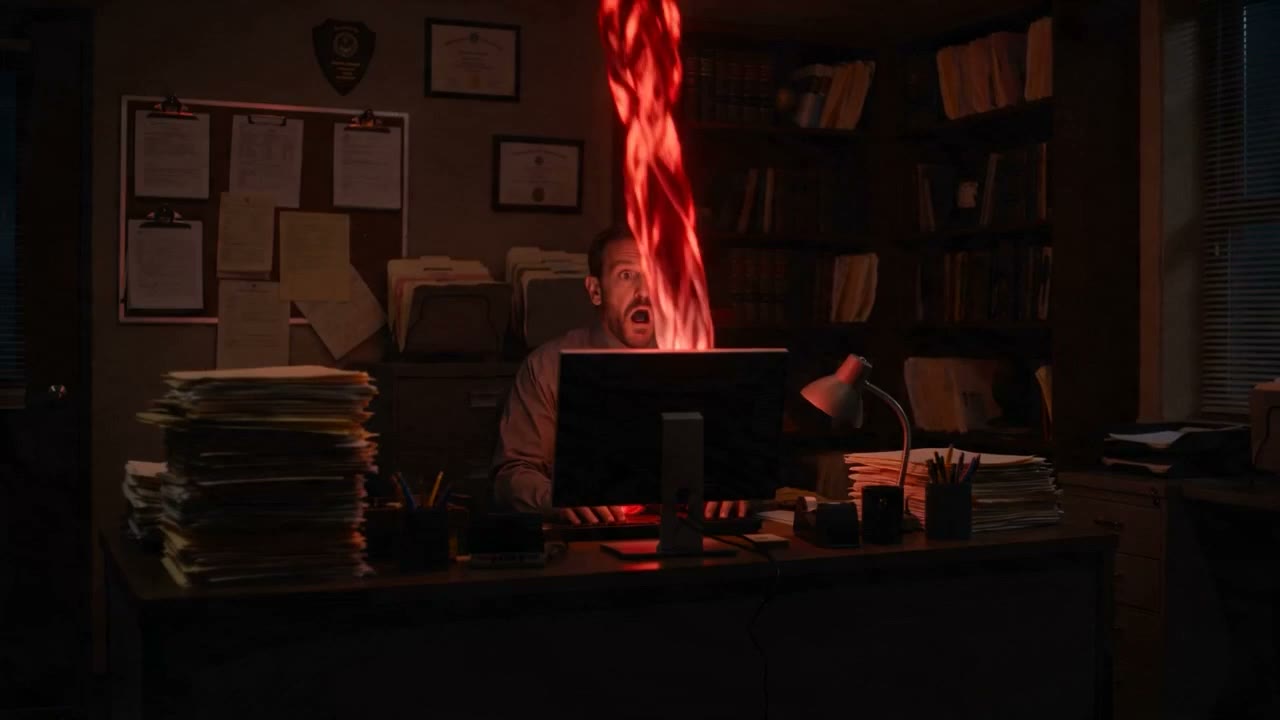 In a records office, red light streams up out of a clerk's computer.