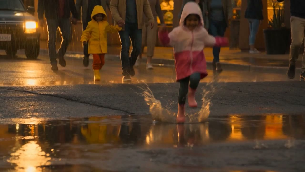 Children in raincoats splashing through golden puddles at night.