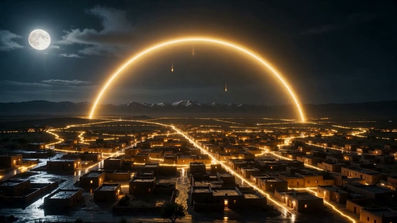 A golden moonbow arcing over the rain-soaked town at night.