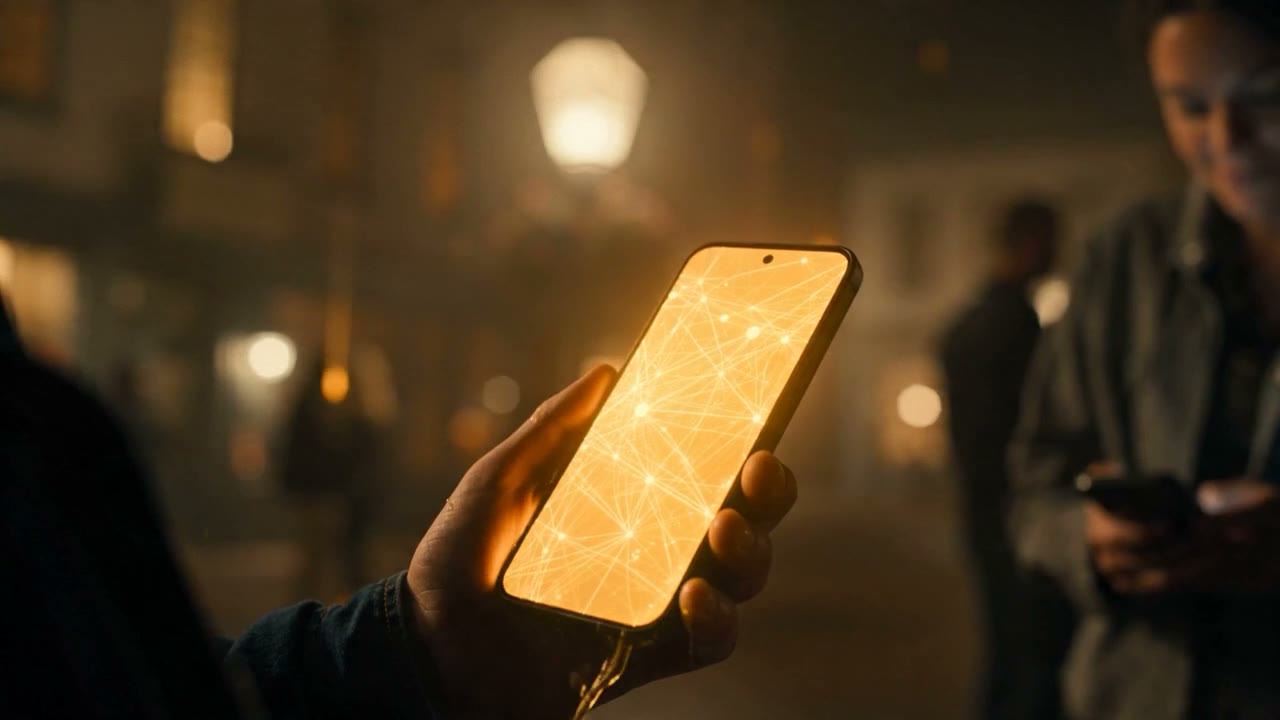A hand holding a phone glowing with a golden lattice.