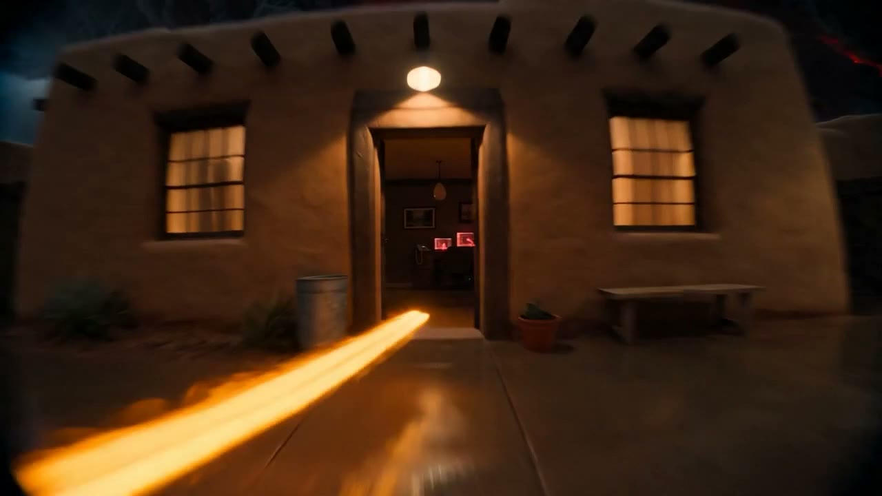 A stream of golden light flowing through the doorway of an adobe building.