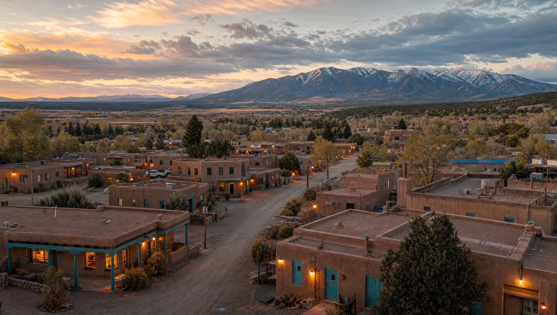 An adobe town in the high desert at dusk, under a gathering storm.